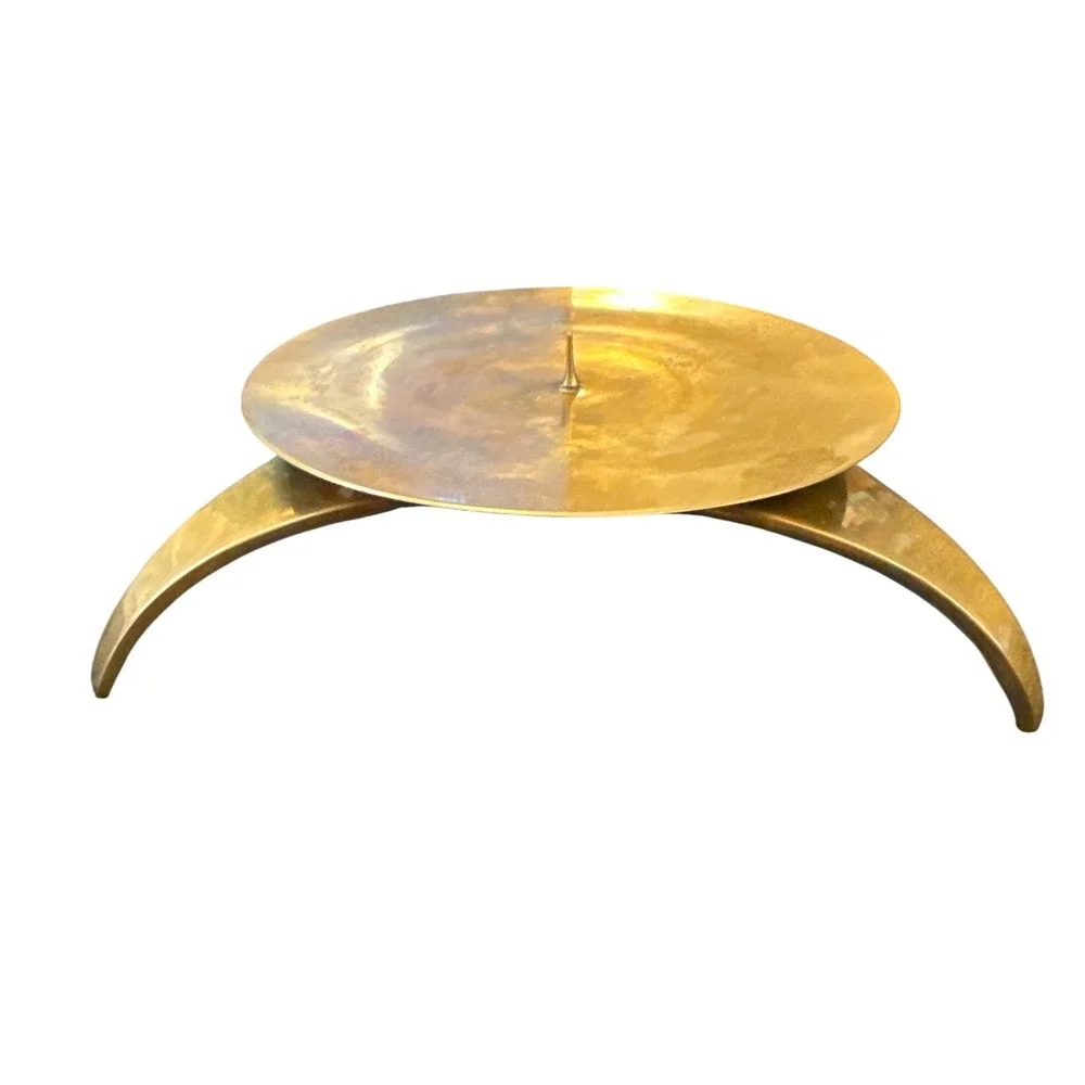Pillar Candle Holder Unisex 6in Gold Tripod Brass MCM Style‎
